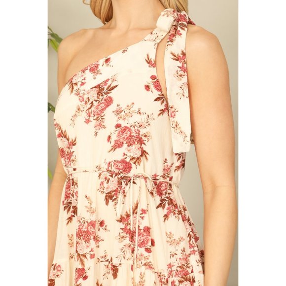 Olivaceous Cream Floral One Shoulder Tie Detail Tiered Midi Dress NEW - Picture 6 of 6